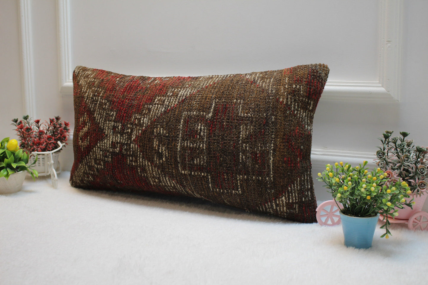 Handmade Turkish Rug Lumbar Pillow Cover: Vintage Woven Wool, 12x24 inch