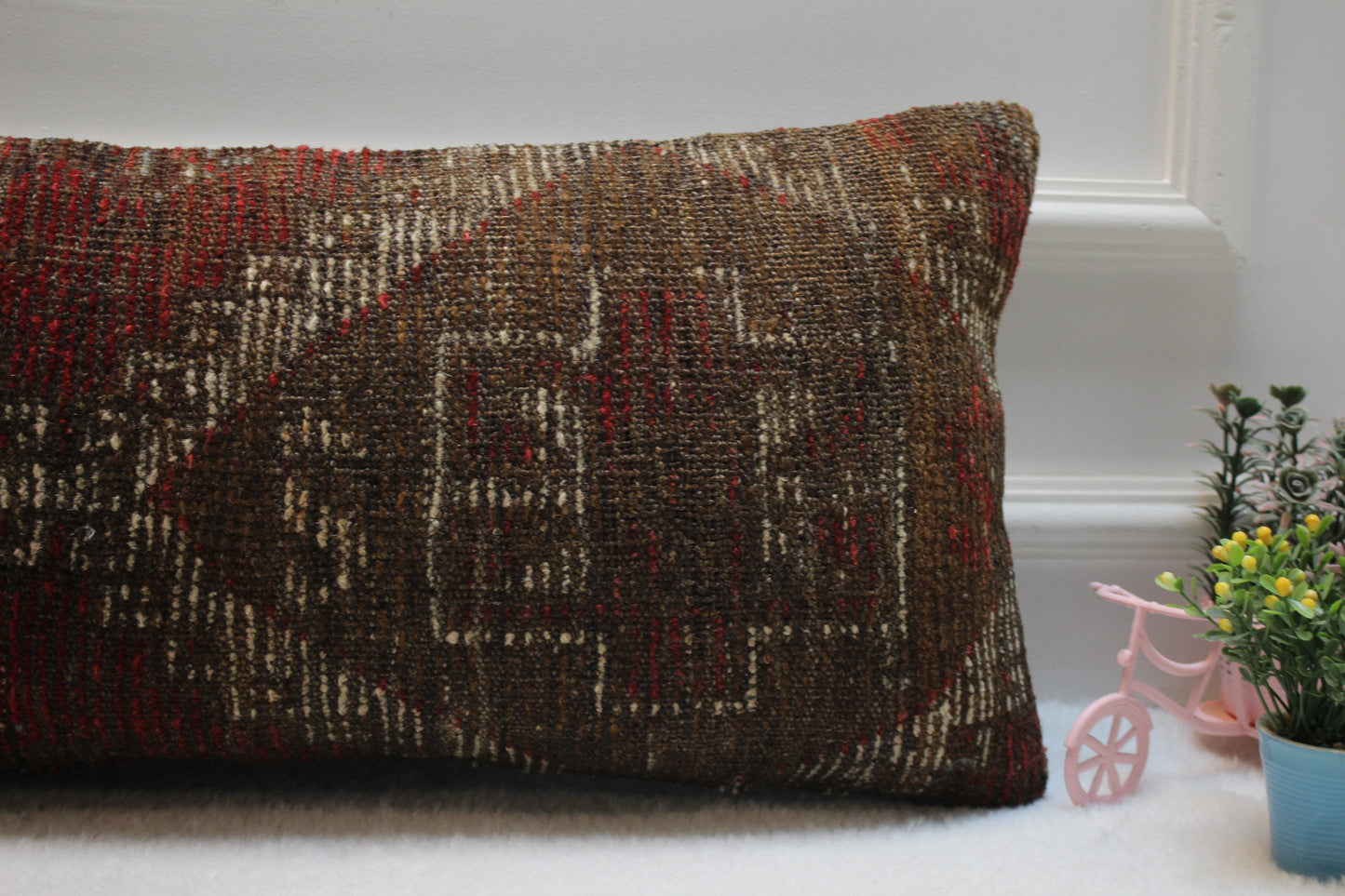 Handmade Turkish Rug Lumbar Pillow Cover: Vintage Woven Wool, 12x24 inch