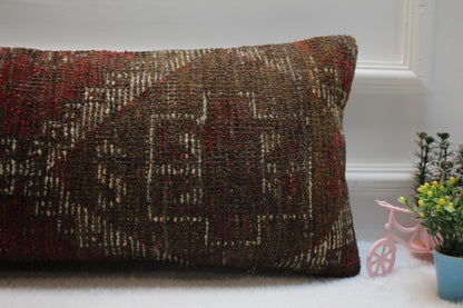 Handmade Turkish Rug Lumbar Pillow Cover: Vintage Woven Wool, 12x24 inch