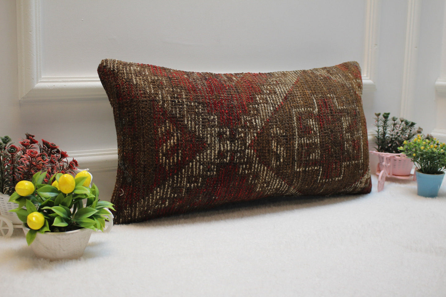 Handmade Turkish Rug Lumbar Pillow Cover: Vintage Woven Wool, 12x24 inch
