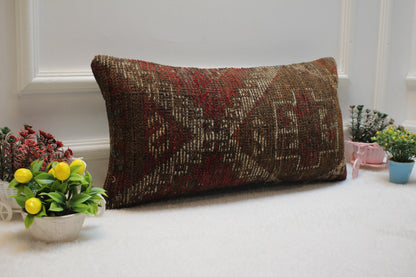 Handmade Turkish Rug Lumbar Pillow Cover: Vintage Woven Wool, 12x24 inch