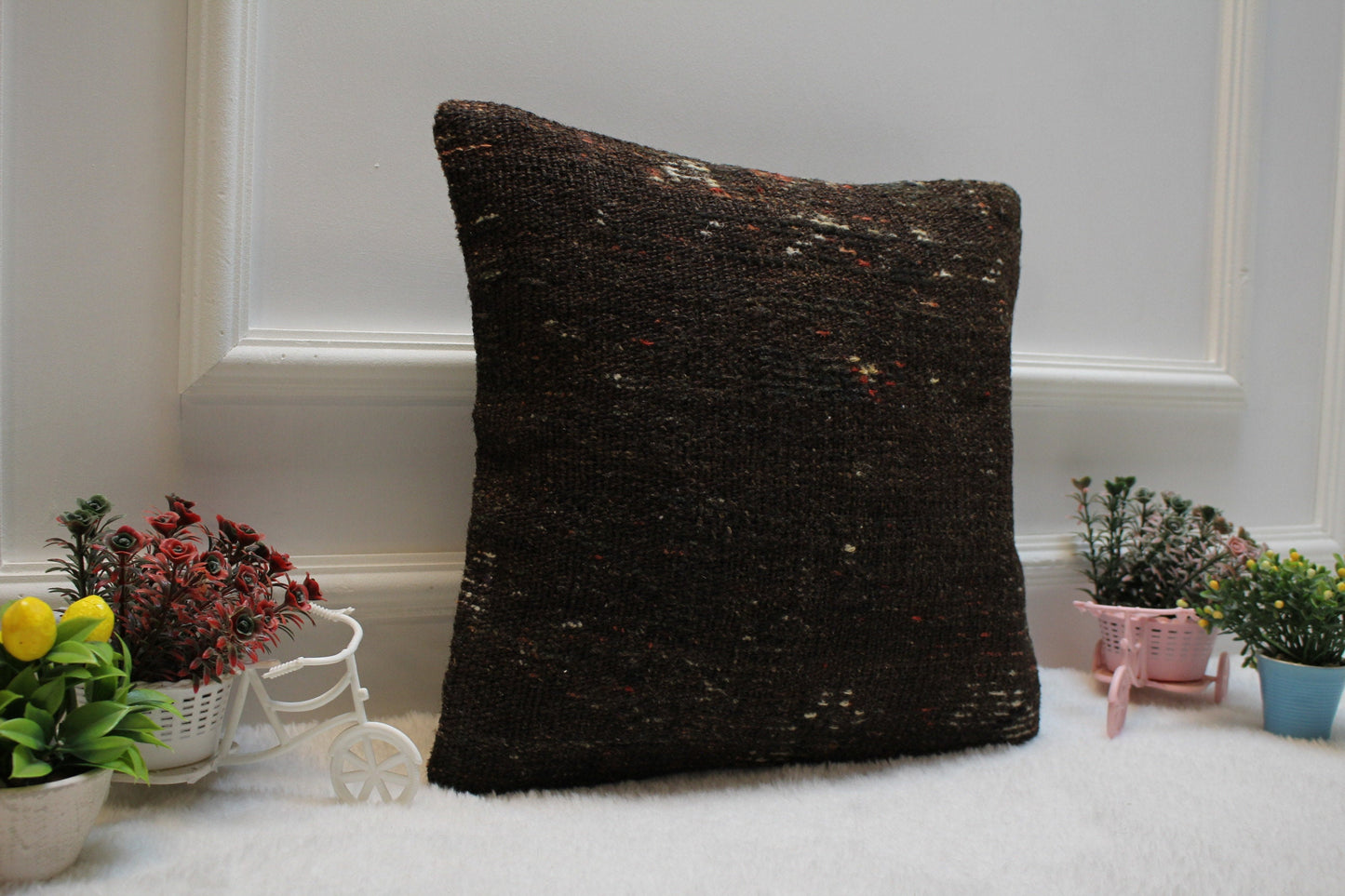 Handmade Kilim Pillow Cover: Upcycled Turkish Woven Rug, Brown 16x16 Square