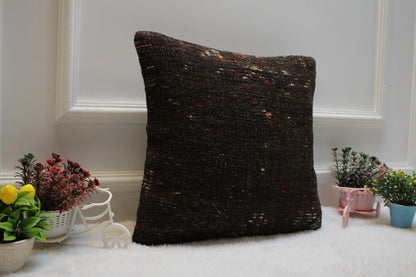 Handmade Kilim Pillow Cover: Upcycled Turkish Woven Rug, Brown 16x16 Square
