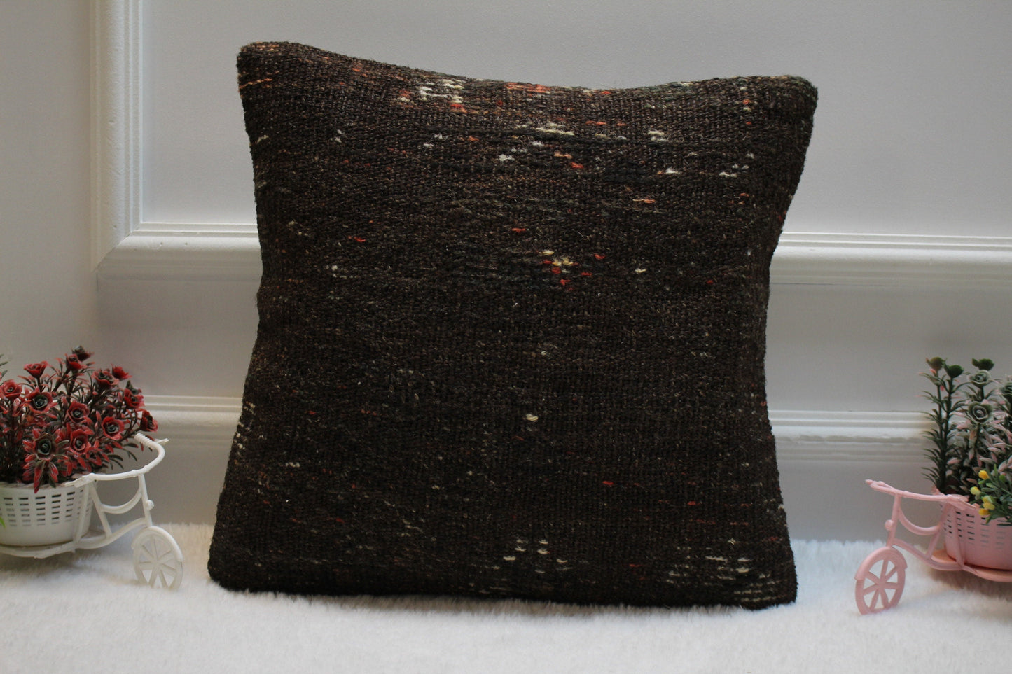 Handmade Kilim Pillow Cover: Upcycled Turkish Woven Rug, Brown 16x16 Square