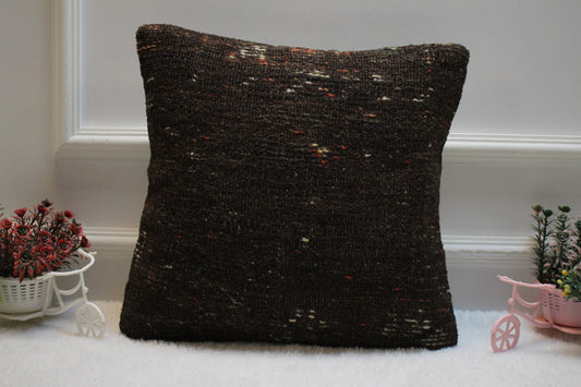 Handmade Kilim Pillow Cover: Upcycled Turkish Woven Rug, Brown 16x16 Square