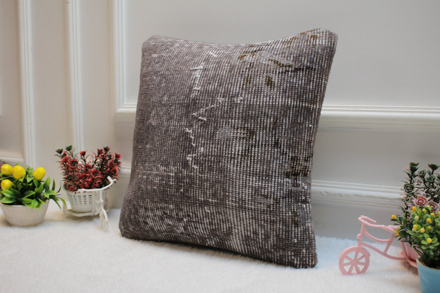 Gray Turkish Rug Pillow Cover: 16x16 Square Kilim Pillow