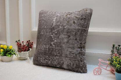 Gray Turkish Rug Pillow Cover: 16x16 Square Kilim Pillow