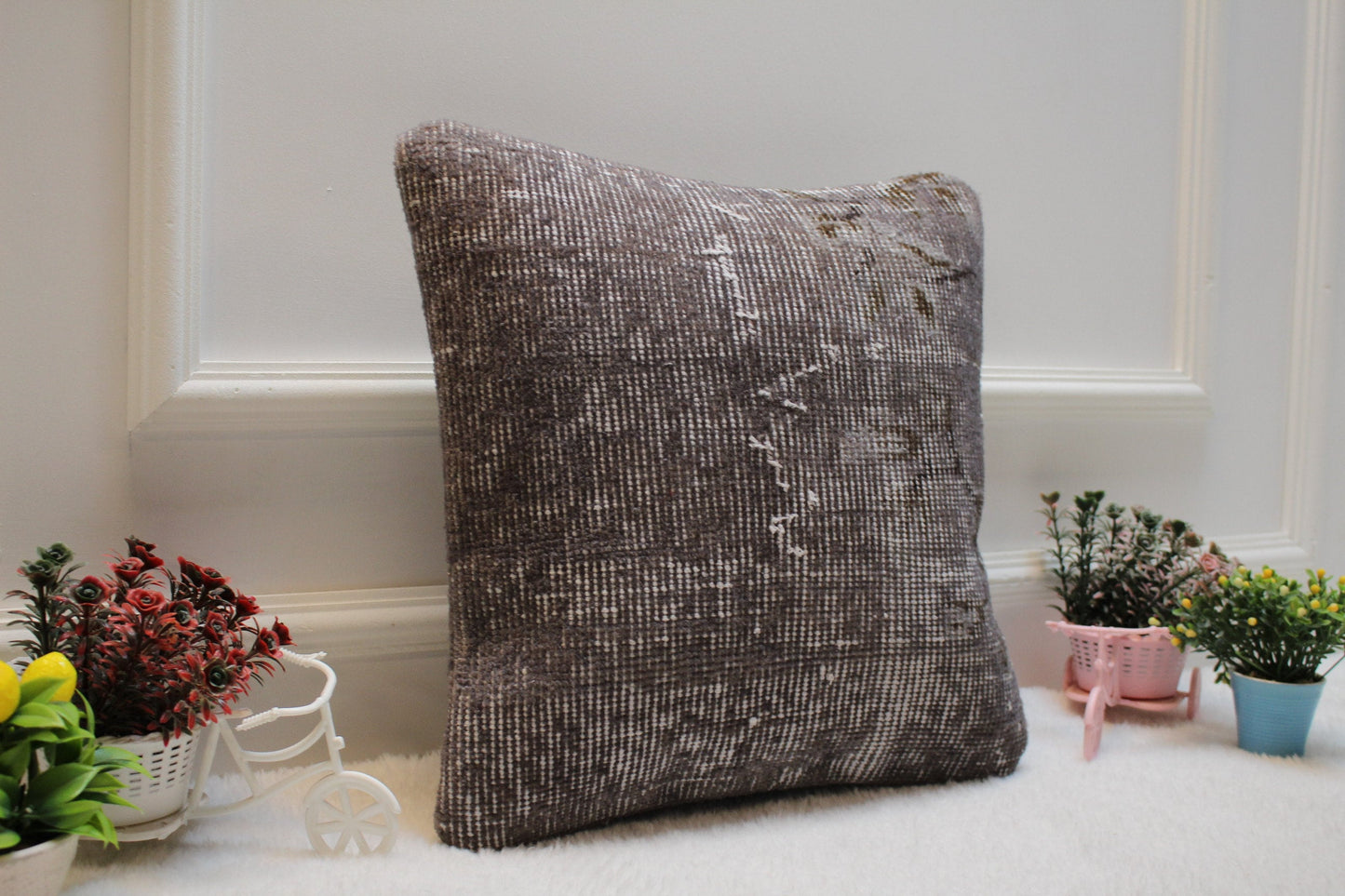 Gray Turkish Rug Pillow Cover: 16x16 Square Kilim Pillow