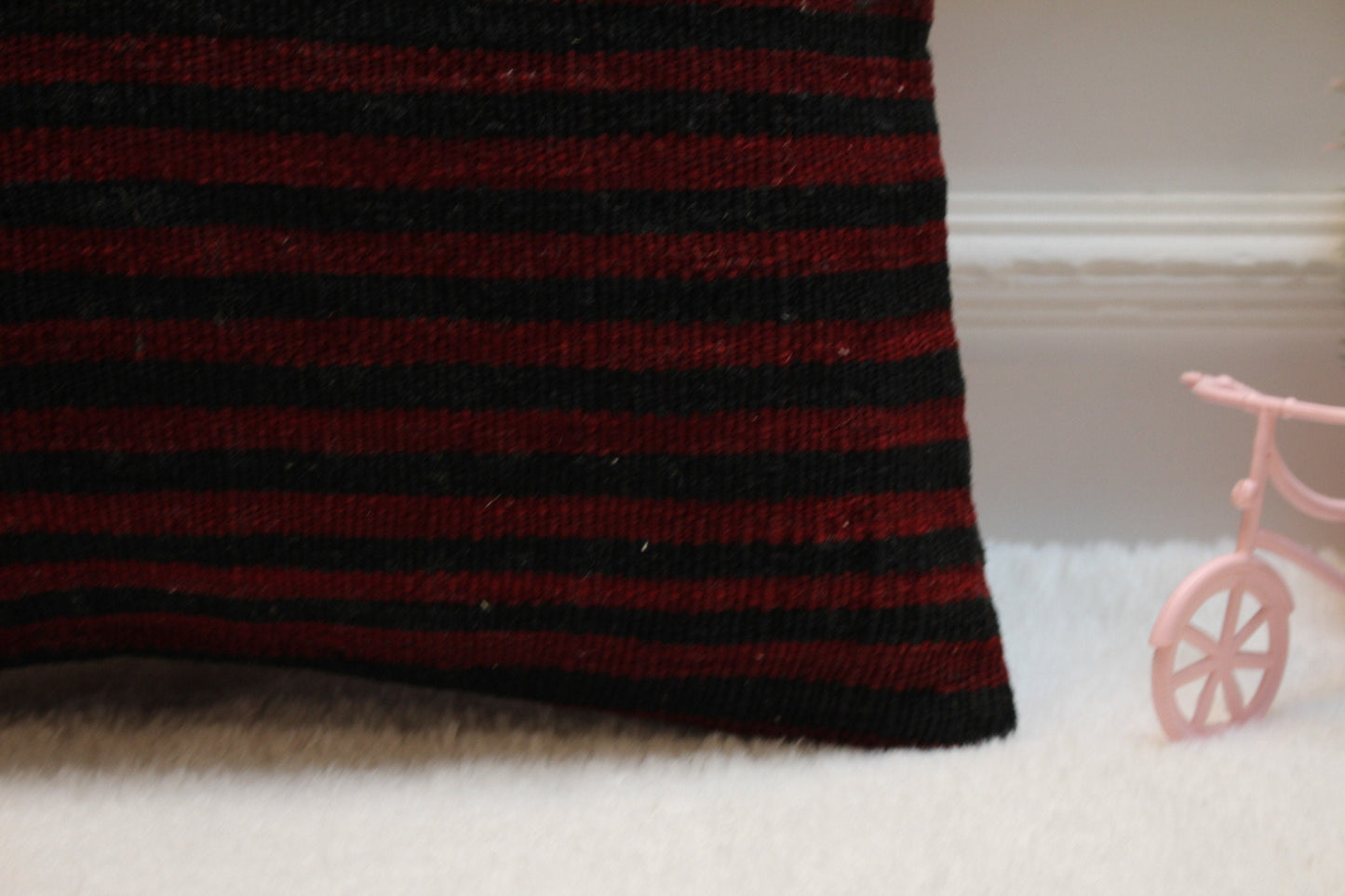 Red and Black Striped Kilim Pillow: Organic Wool Throw Pillow (16x16 in)