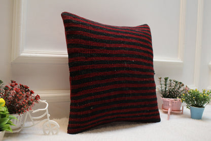 Red and Black Striped Kilim Pillow: Organic Wool Throw Pillow (16x16 in)