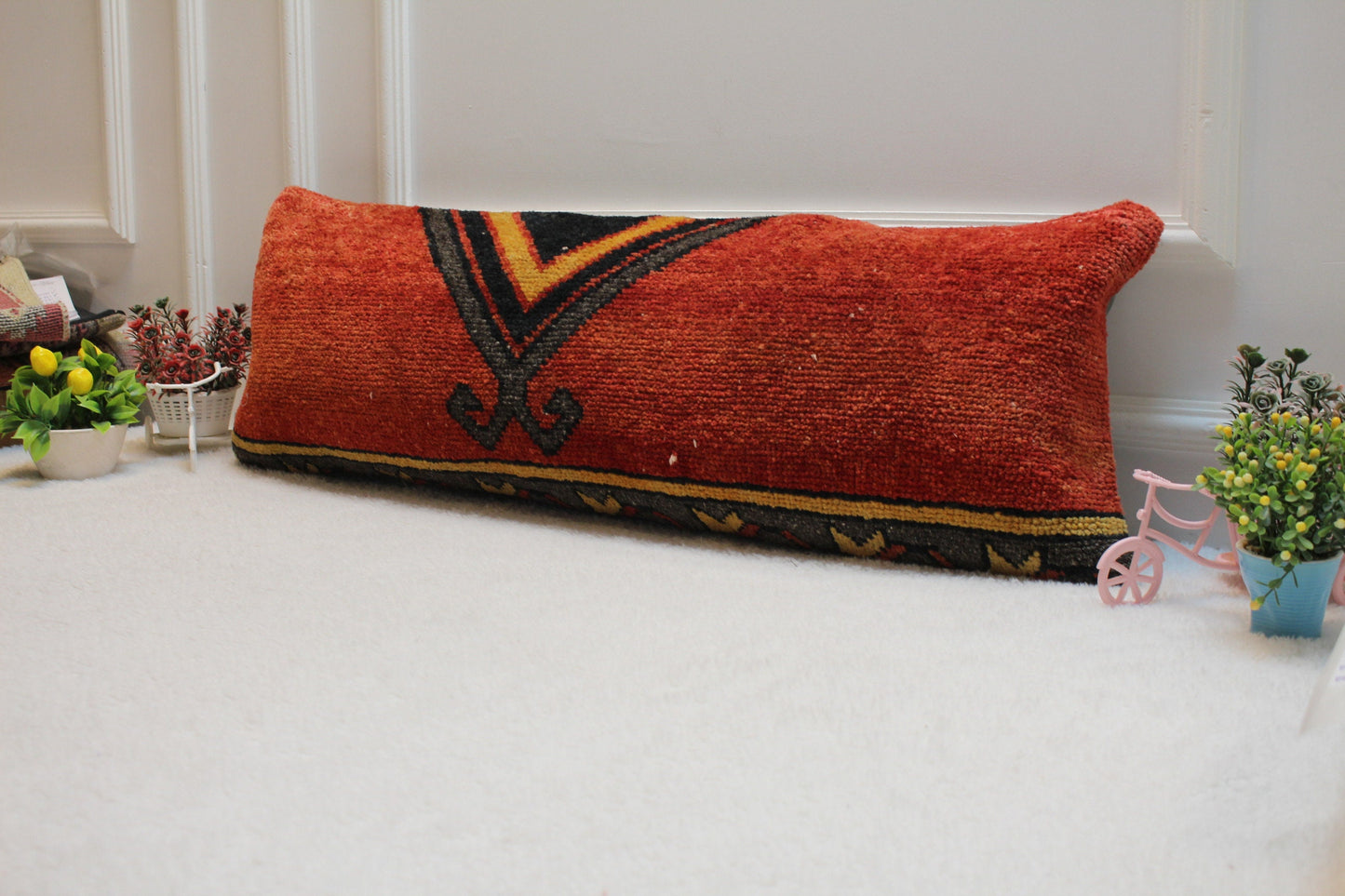 Red Turkish Rug Lumbar Pillow Cover: Organic Wool Kilim Pillow (12x36 in)
