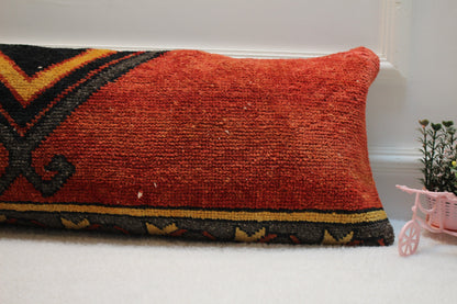 Red Turkish Rug Lumbar Pillow Cover: Organic Wool Kilim Pillow (12x36 in)