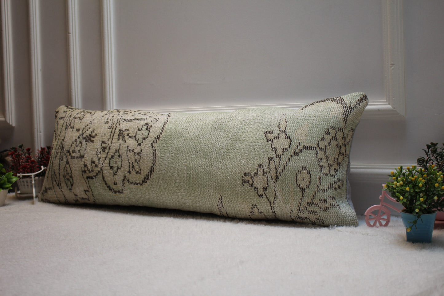 Handmade Lumbar Kilim Pillow Cover: Upcycled Woven Rug, 12x36 inch