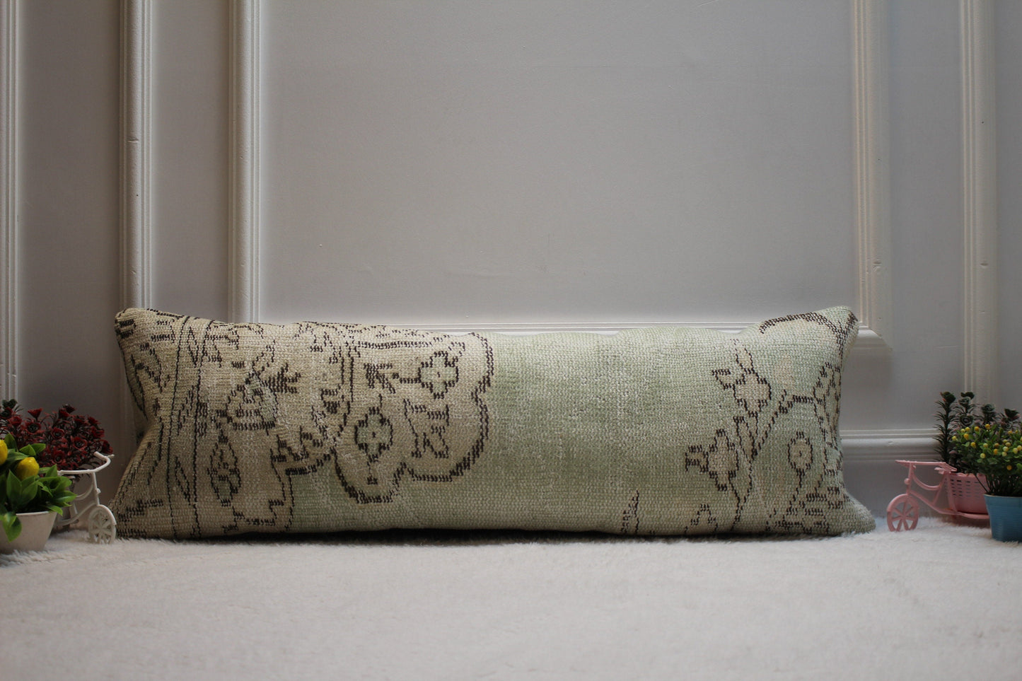 Handmade Lumbar Kilim Pillow Cover: Upcycled Woven Rug, 12x36 inch