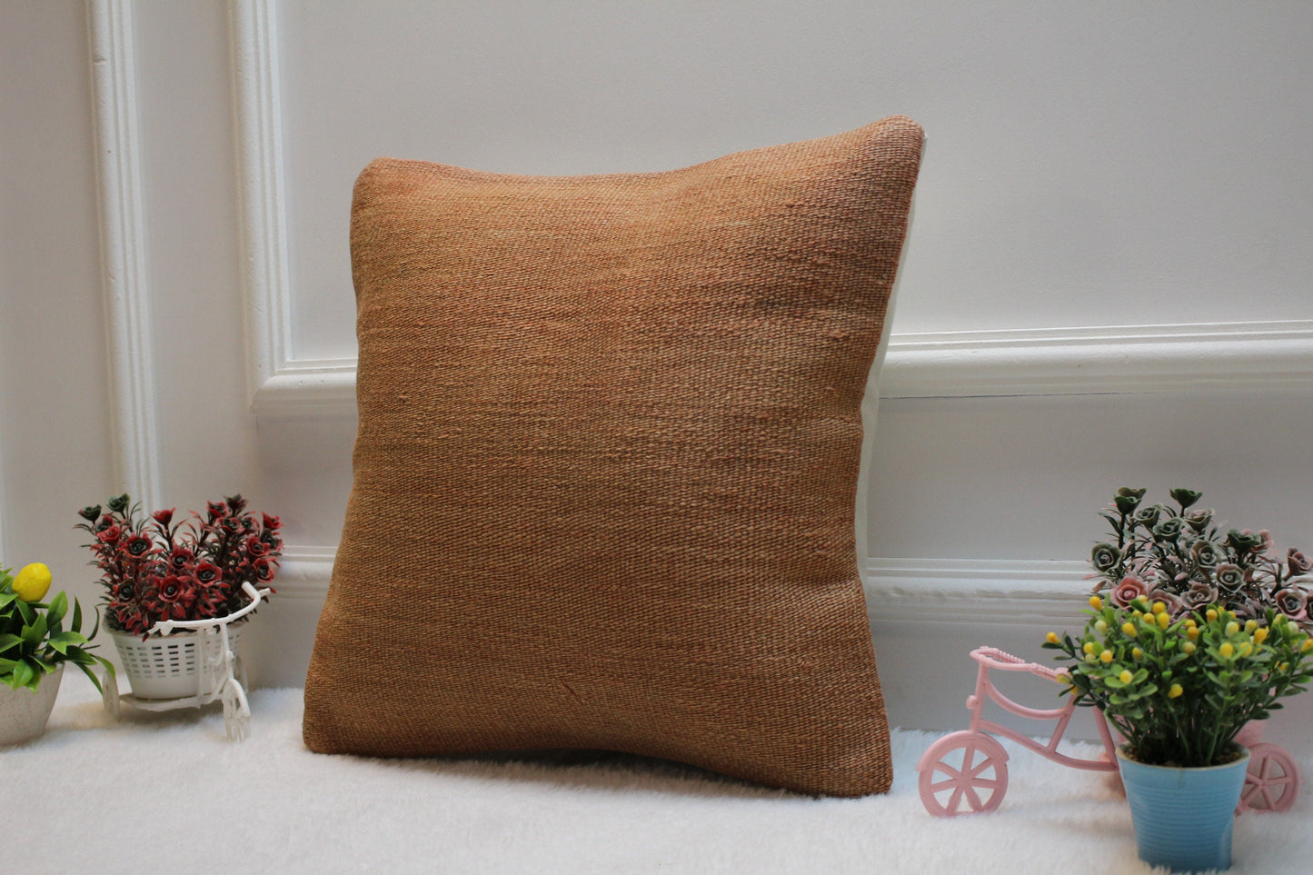 Handmade Kilim Pillow Cover: 16x16 Brown Woven Wool, Upcycled Rug
