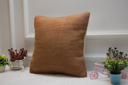 Handmade Kilim Pillow Cover: 16x16 Brown Woven Wool, Upcycled Rug
