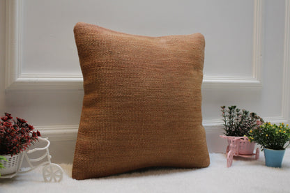Handmade Kilim Pillow Cover: 16x16 Brown Woven Wool, Upcycled Rug