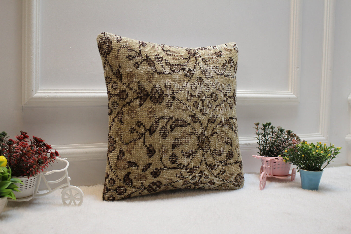 Floral Turkish Rug Pillow: 16x16 Boho Decor