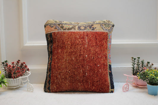 Handmade Turkish Rug Pillow Cover: Upcycled Kilim, Bohemian Decor (16x16 in)