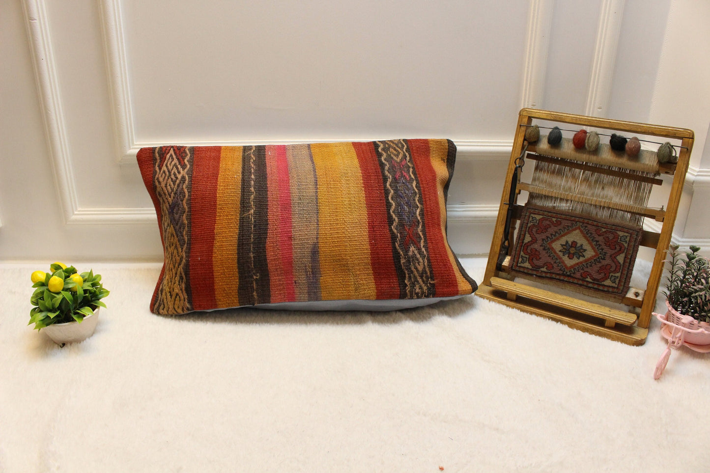 Handmade Kilim Pillow Cover: Upcycled Woven Rug, 12x24 inch