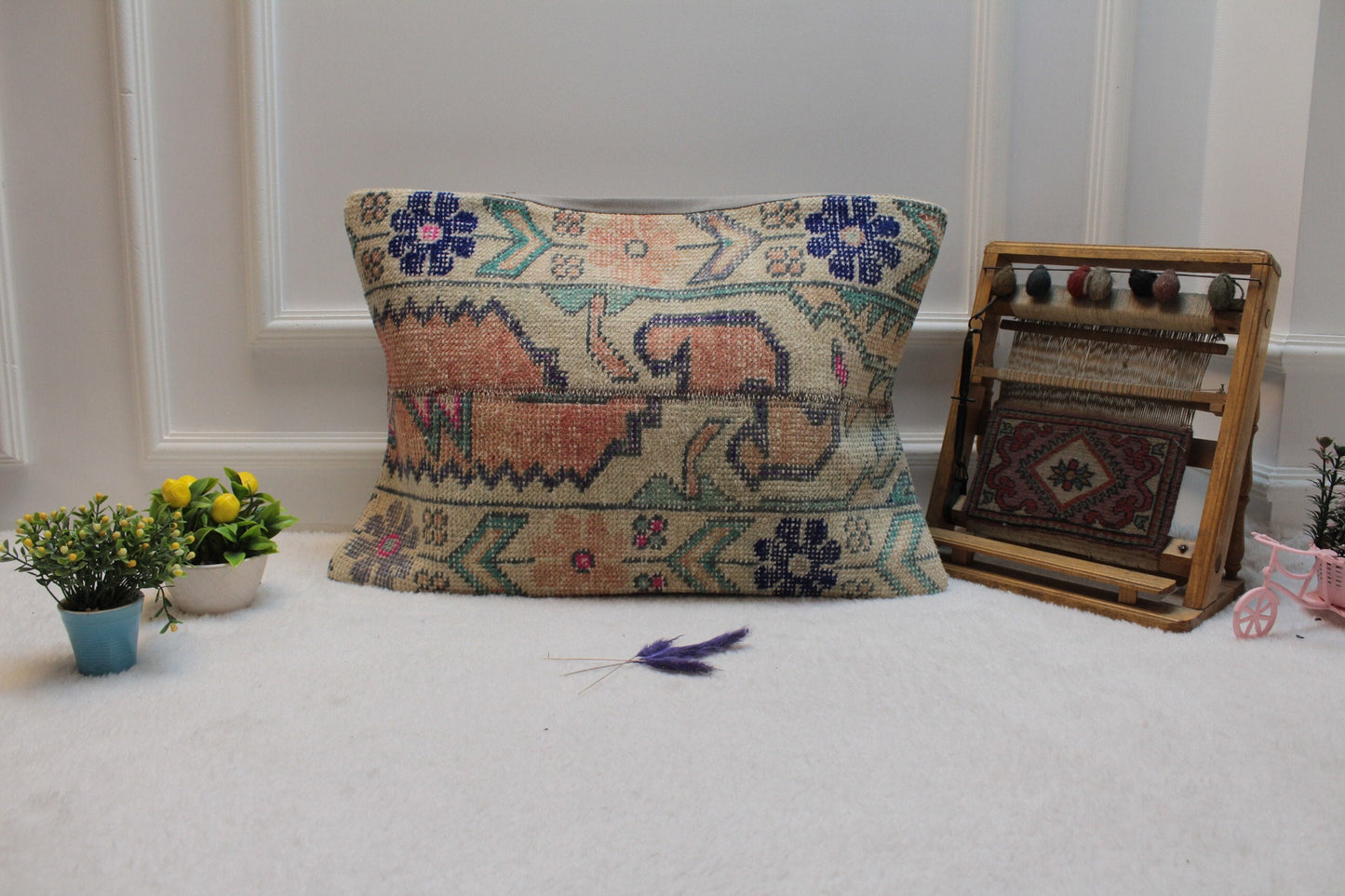 Handwoven Kilim Lumbar Pillow Cover: Orange, Blue, Beige (16x24)