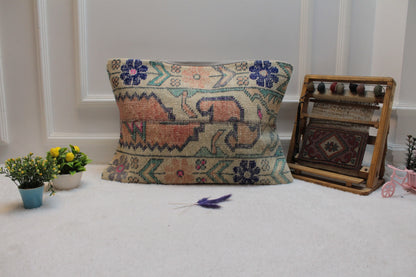 Handwoven Kilim Lumbar Pillow Cover: Orange, Blue, Beige (16x24)