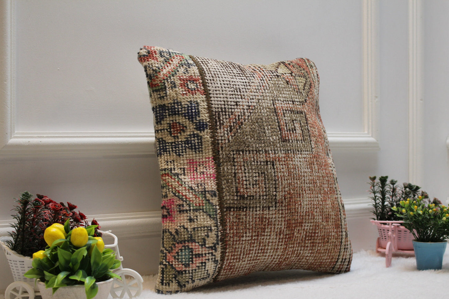 Handmade Kilim Pillow Cover: Upcycled Turkish Rug, Bohemian Decor (16x16 in