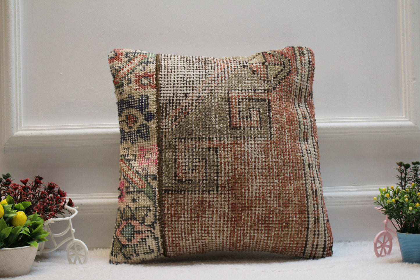 Handmade Kilim Pillow Cover: Upcycled Turkish Rug, Bohemian Decor (16x16 in