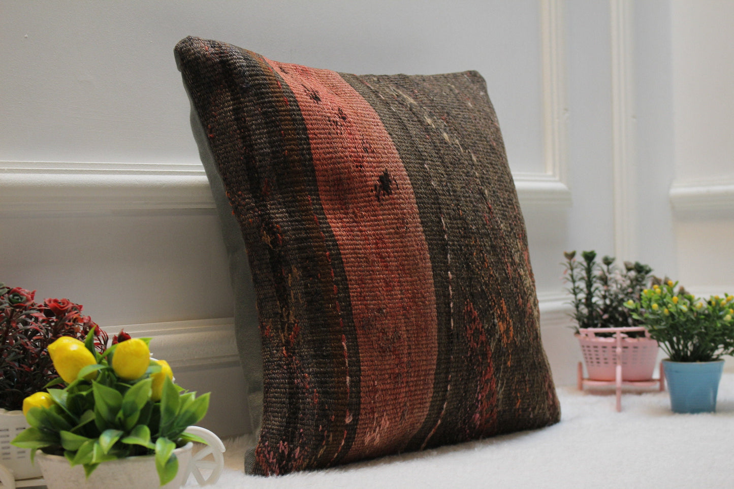 Handmade Kilim Pillow Cover: Upcycled Turkish Woven Rug, 16x16 inch