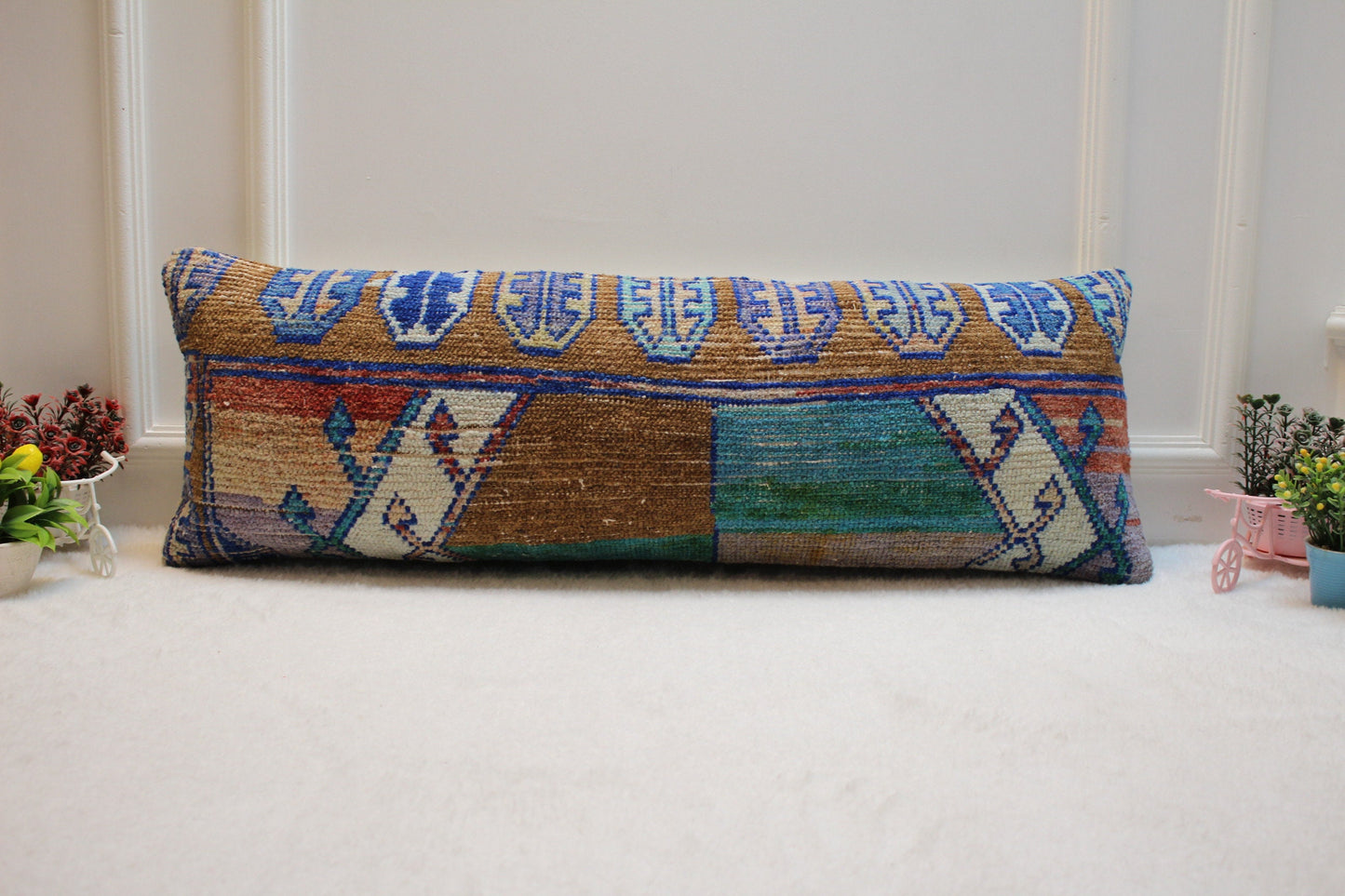 Handmade Lumbar Kilim Pillow Cover: Upcycled Rug, 12x36 inch