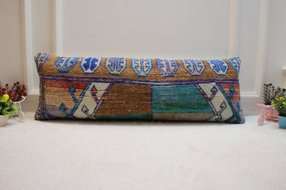 Handmade Lumbar Kilim Pillow Cover: Upcycled Rug, 12x36 inch