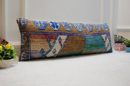 Handmade Lumbar Kilim Pillow Cover: Upcycled Rug, 12x36 inch