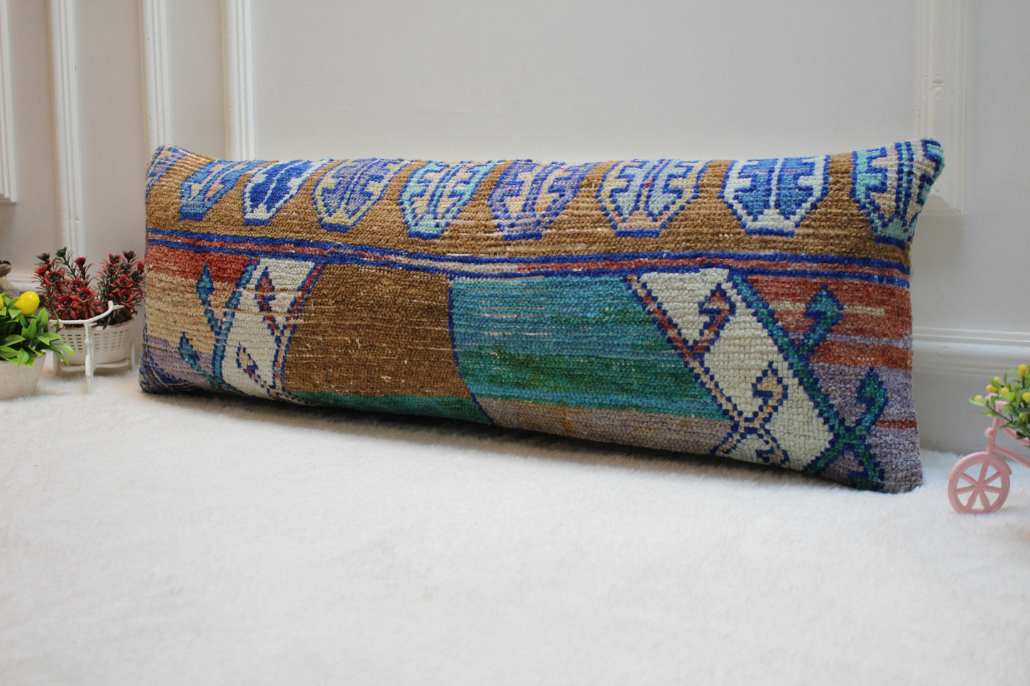 Handmade Lumbar Kilim Pillow Cover: Upcycled Rug, 12x36 inch