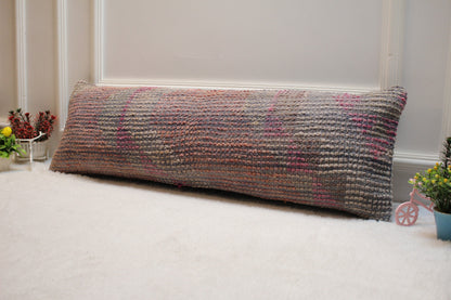 Handmade Pink Turkish Lumbar Pillow Cover: Upcycled Kilim Rug, 12x36 inch