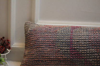 Handmade Pink Turkish Lumbar Pillow Cover: Upcycled Kilim Rug, 12x36 inch