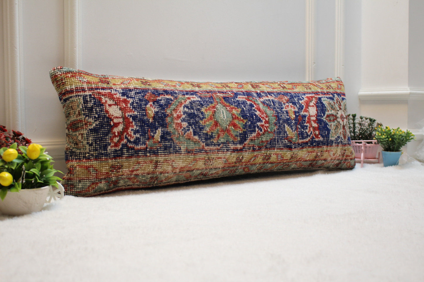 Vintage Turkish Rug Lumbar Pillow Cover: Ethnic Woven Wool, 12x36 inch