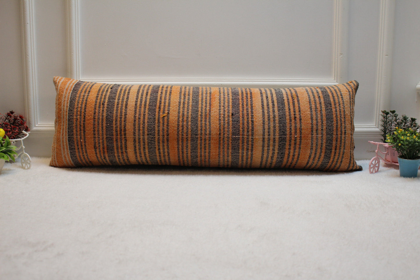 Handmade Striped Kilim Lumbar Pillow Cover: Orange Gray Woven Rug (12x36 in)