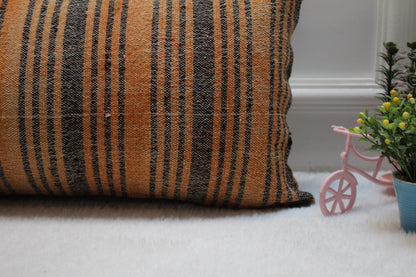 Handmade Striped Kilim Lumbar Pillow Cover: Orange Gray Woven Rug (12x36 in)