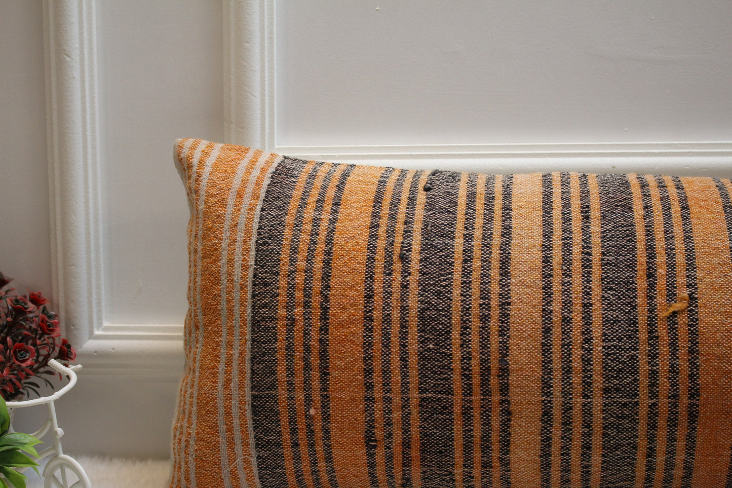 Handmade Striped Kilim Lumbar Pillow Cover: Orange Gray Woven Rug (12x36 in)