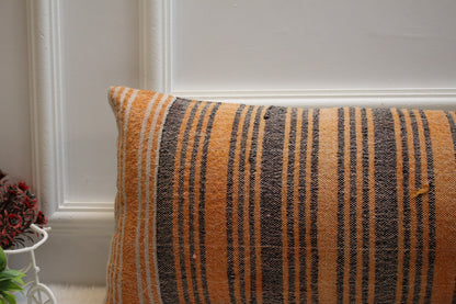Handmade Striped Kilim Lumbar Pillow Cover: Orange Gray Woven Rug (12x36 in)