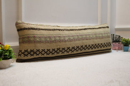 Handmade Beige Kilim Pillow Cover: Organic Wool Throw Pillow (12x36 in)