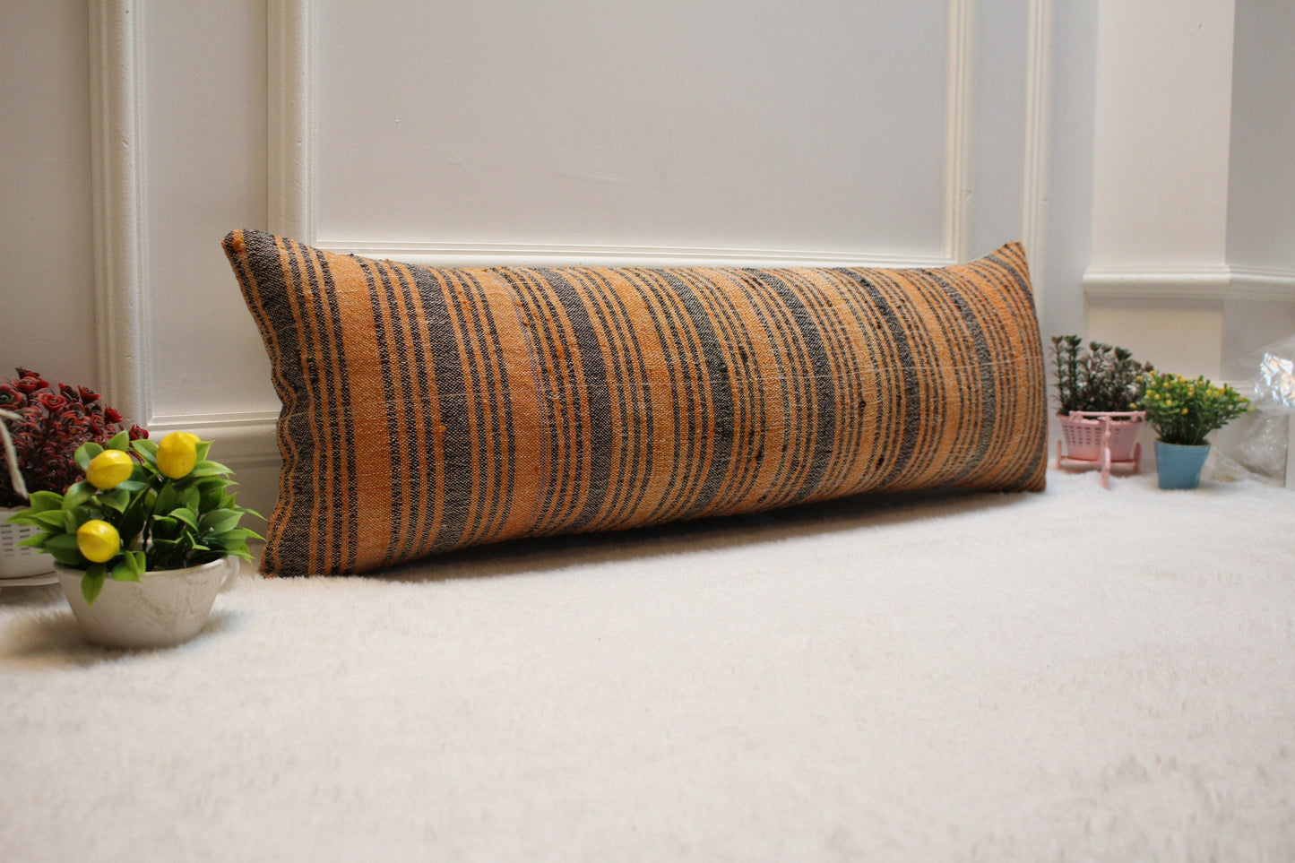 Handmade Orange Kilim Pillow Cover: Upcycled Woven Rug, 12x36 inch