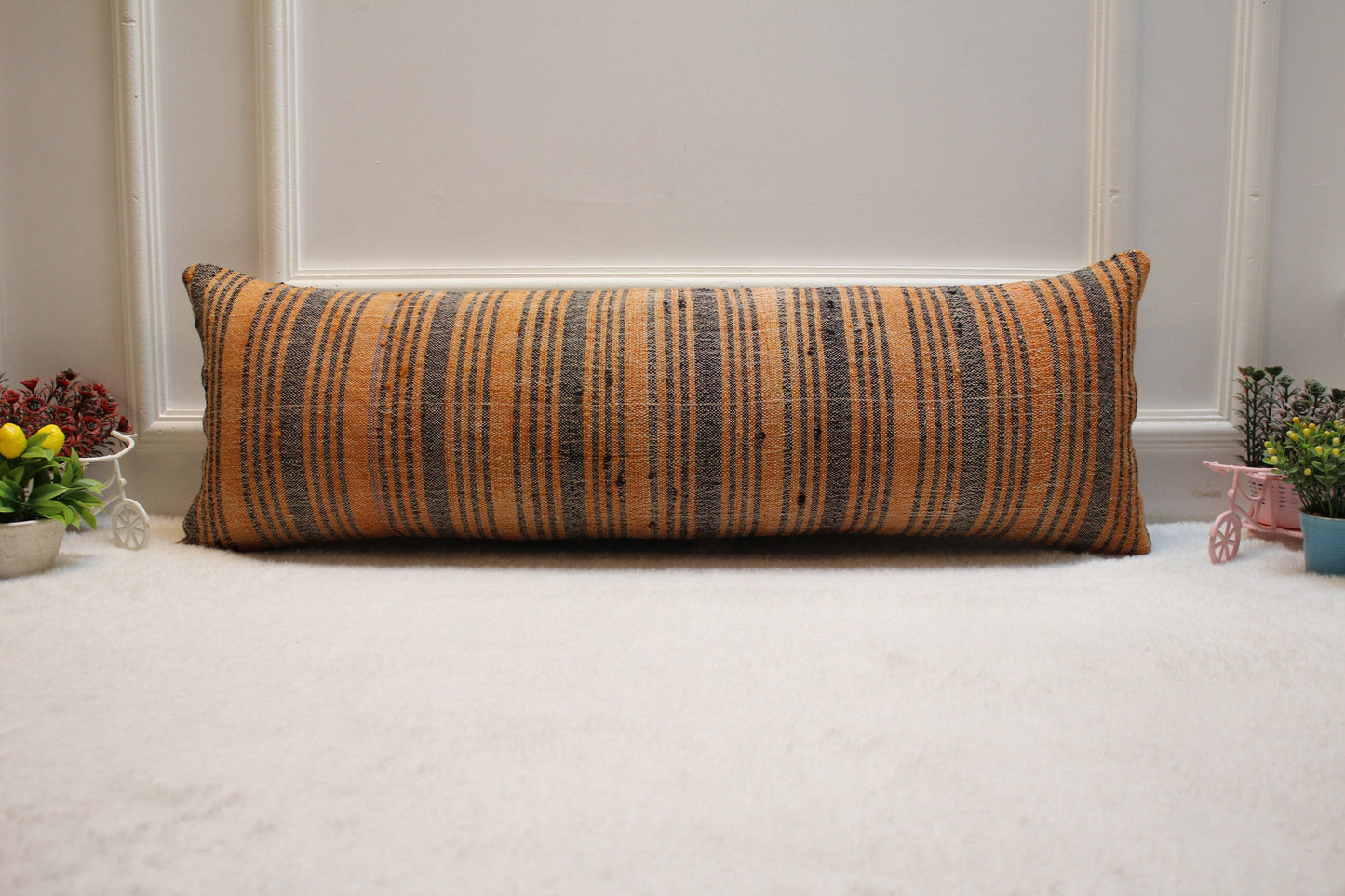 Handmade Orange Kilim Pillow Cover: Upcycled Woven Rug, 12x36 inch