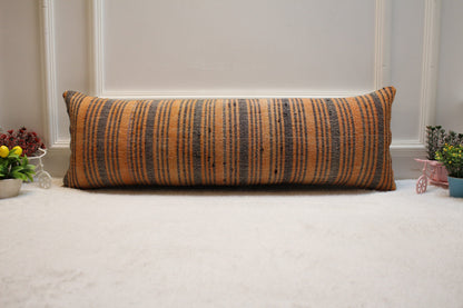 Handmade Orange Kilim Pillow Cover: Upcycled Woven Rug, 12x36 inch