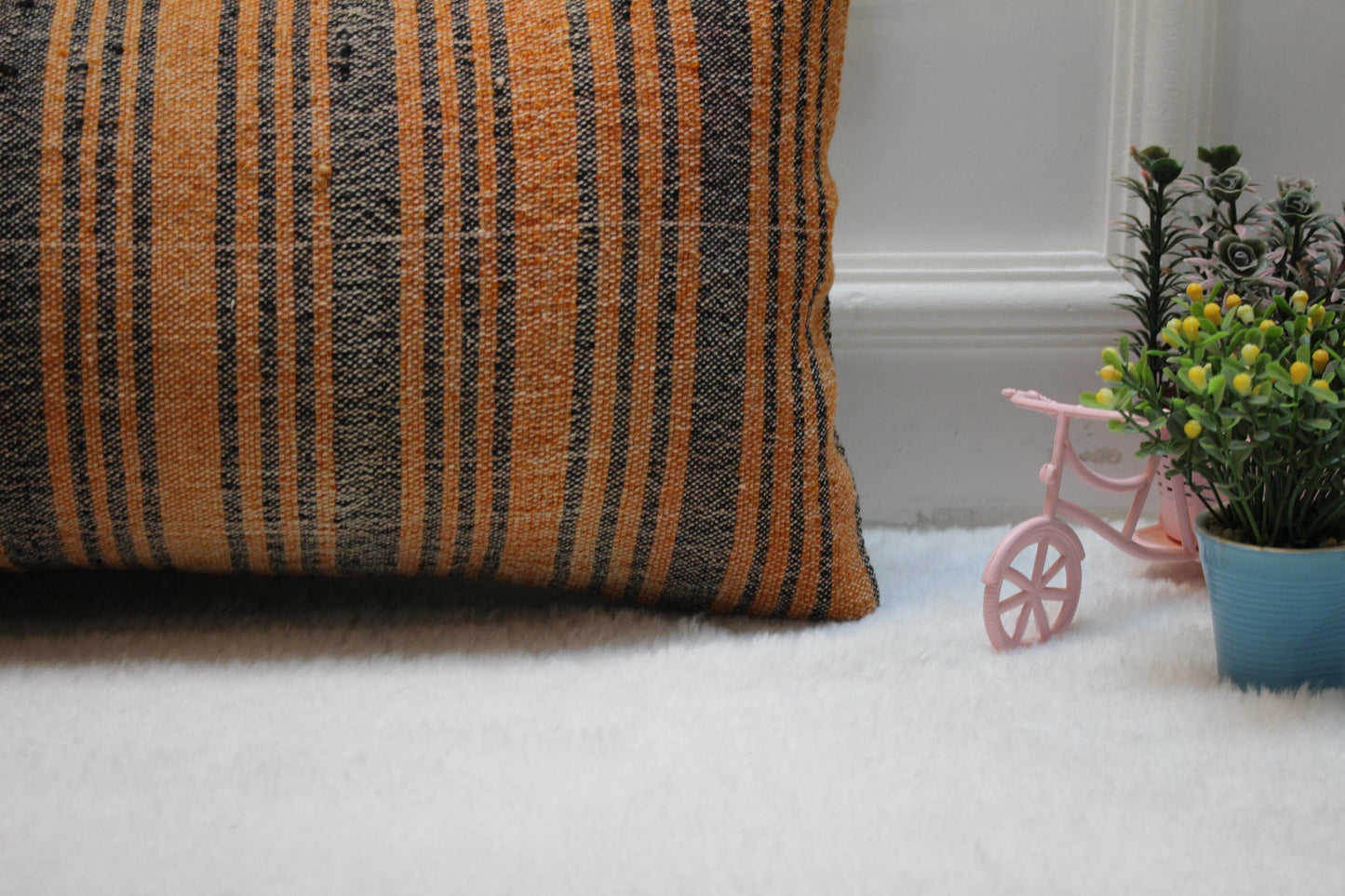 Handmade Orange Kilim Pillow Cover: Upcycled Woven Rug, 12x36 inch