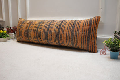 Handmade Orange Kilim Pillow Cover: Upcycled Woven Rug, 12x36 inch