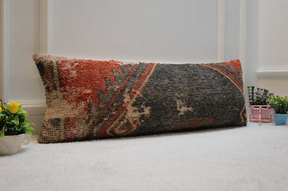 Vintage Turkish Rug Lumbar Pillow Cover: Upcycled Woven Wool (12x36 in)