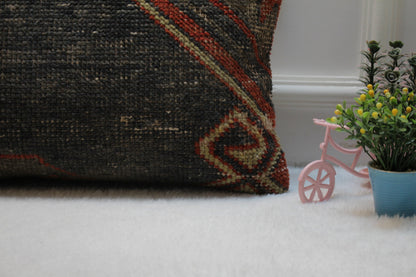 Vintage Turkish Rug Lumbar Pillow Cover: Upcycled Woven Wool (12x36 in)