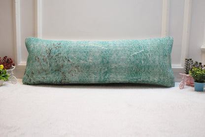 Handmade Kilim Lumbar Pillow Cover: Upcycled Woven Rug, Blue & Black (12x36 in)