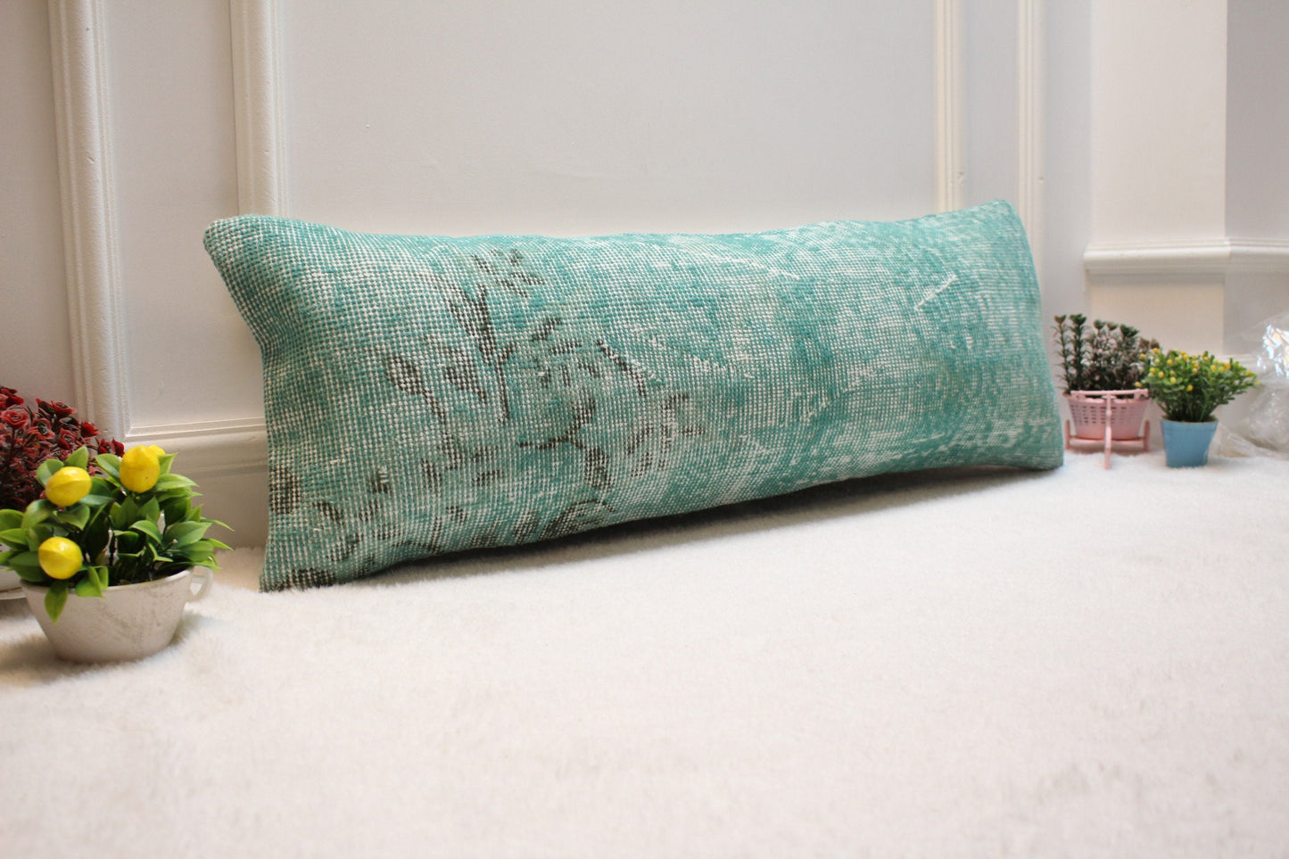 Handmade Kilim Lumbar Pillow Cover: Upcycled Woven Rug, Blue & Black (12x36 in)